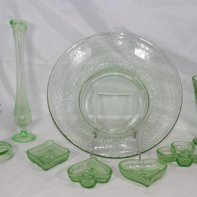 Depression Era Green Vaseline Glass: Tiffin "Dolphin" 4.5" Candlestick, Footed 10.5" Bud Vase, Jeanette Glass Co....
