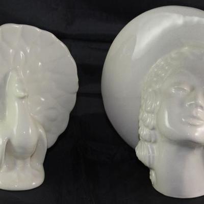 White Porcelain Peacock Wall Pocket Vase and a Large Head Vase