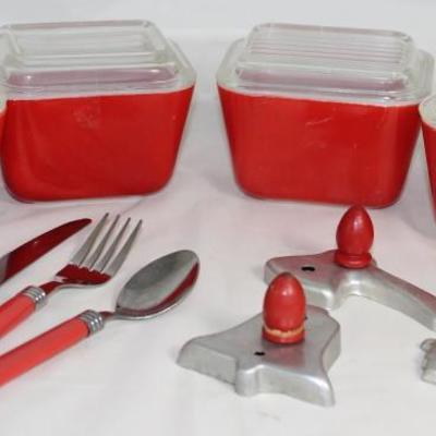 Pyrex Vintage Red Refrigerator Dish (4). Vintage Flatware (3 piece set, service for 2), Red Wood Knob Cookie Cutters: Bell,  Ax &...