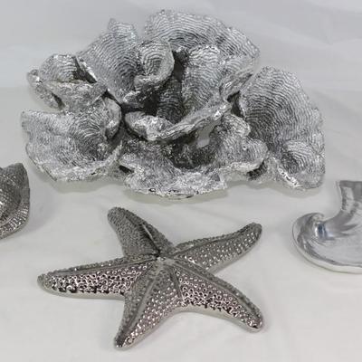 Three Hands Silver Resin Coral Decor, Aluminum Small Conch Shell, Star Fish and Polished Aluminum Shell Tray
