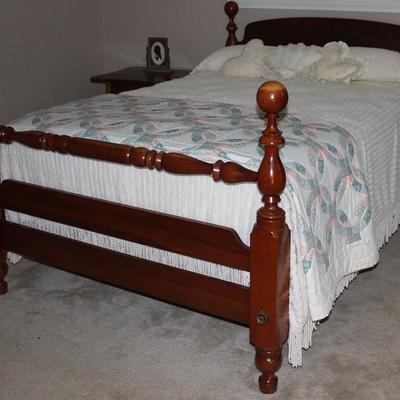 Antique Turned Spindle Rope Bed fitted for Full Mattress and Box Spring.  Shown with a Chenille Bed Spread with a Double Wedding Ring...