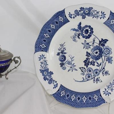 Metal Caddy w/Cobalt Blue Glass Insert Sugar Bowl.   J. Meakin Royal Staffordshire "Cathay" Plate  (10.75" )