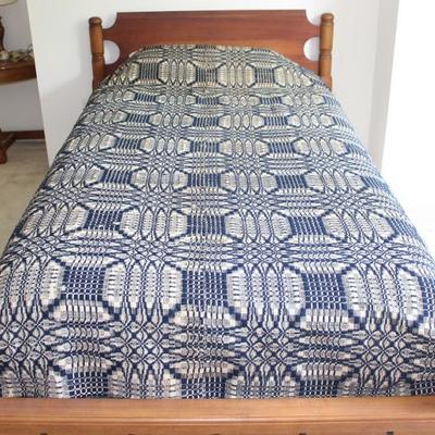 Previous Antique Twin Rope Bed converted to fit a regular mattress set shown with an Antique Linsey Woolsey Coverlet in a Course Linen...