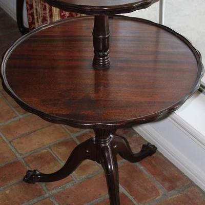 Antique Mahogany Piecrust Edge 2-Tier Pedestal Table on Splatted Claw Footed Cabriole Tripod Legs. Lower tier is 24"D, top tier is...