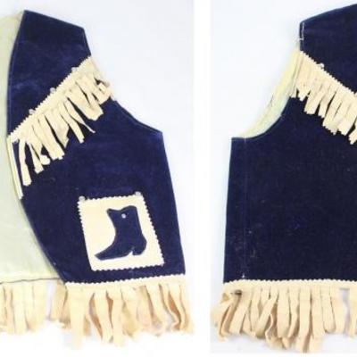 Vintage 1940-50's Navy Suede Cloth White Fringe Trim Cowboy Vest