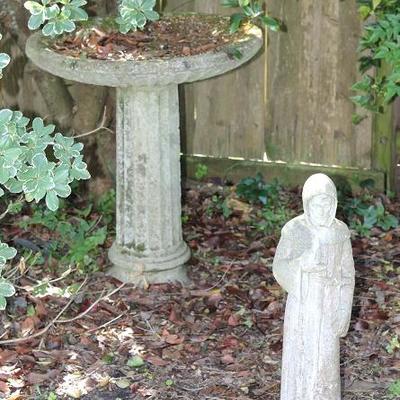 Vintage Cement Ribbed Column Bird Bath with St. Francis Garden Statue