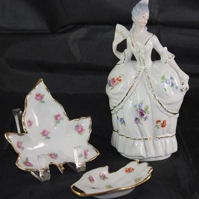 Limoges Porcelain Leaf and Hand Tray shown with Colonial Lady 7" Figurine (Germany)