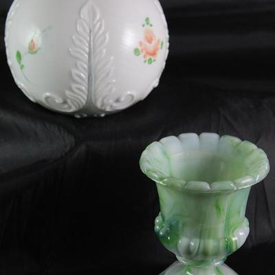 Handpainted Rose Bowl and Aero Agate Green Slag Urn Toothpick Holder
