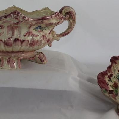 Japan after Capodimonte Hand Painted Center Piece/Console Bowl and Cherub on Sea Shell Sweet Meat Dish 