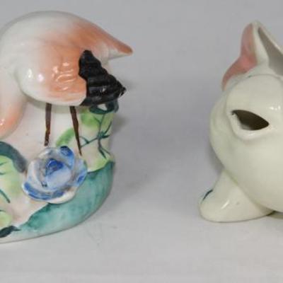 Mid-Century Made in Occupied Japan Flamingo Vase/Planter and USA Pottery Piggy Creamer