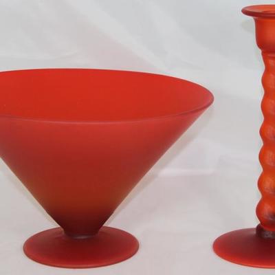 Tiffin Orange Satin Glass:  Footed Bowl (6"H x 9.25"D) and Twisted Stem Candle Stick (8.72")