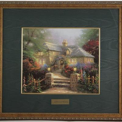 Thomas Kincaid "Hollyhock Cottage" Moire Taffeta Matted Print in a Gold Gilt Frame