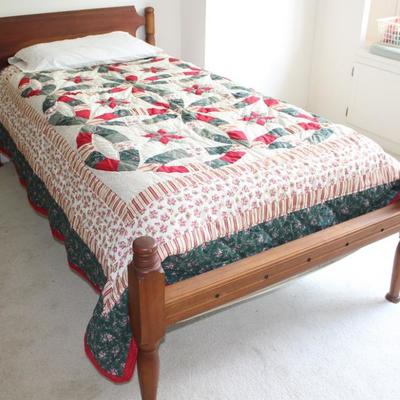 Antique Twin Rope Bed converted to fit a regular mattress set shown with  Double Wedding Ring Quilt.