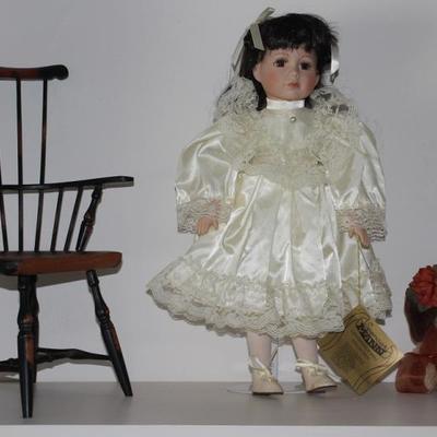 Vintage Windsor Curved Back Doll Chair, Seymour Mann Connoisseur Collection Porcelain Doll  shown with Boyd's Bears "Adaline...