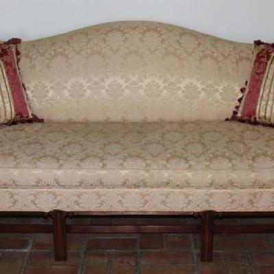 Hickory Furniture Co. Ecru Brocade Upholstered Chippendale Style Camel Back Sofa