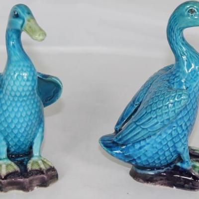 Majolica Glazed Teal Blue Ducks