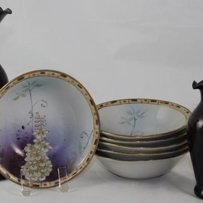 Nippon Hand Painted Berry Bowls (Set of 6) shown with Black Amethyst Vases (8" & 5")