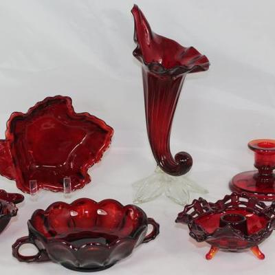 Ruby Red Glass Collection: Blown Art Glass Cala Lily Vase on Clear Leaf Base, Anchor Hocking Maple Leaf Nut/Mint Dish (2), 2-Handled...
