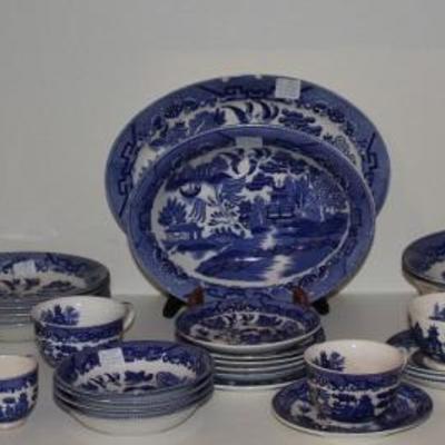 A Collection Of Blue Willow:   Left:  Chop Plate,  Alfred Meakin Teapot (not shown), Alfred Meakin Berry Bowls.  Center:   Occupied Japan...