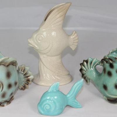 Mid-Century White Pottery Angel Fish Vase, Japan Turquoise and Black Fish Vases and McCoy Miniature Turquoise Fish Figurine