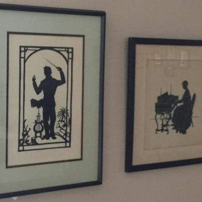 Large  Framed Hand  Cut  Orchestra Conductor Silhouette Art Work signed by Artist J. Rudisill 1983 and Lady at Piano by Silhouettist...