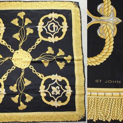St John's Large Scarf.  Photo of scarf and Corbin showing Signature 