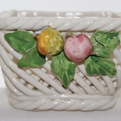 Small Italian Porcelain Square Basket with Applied Fruit