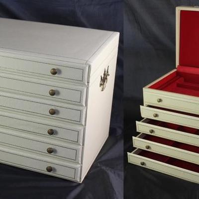 Mele White Mid-Century Lift Top 4-Drawer Jewelry Box