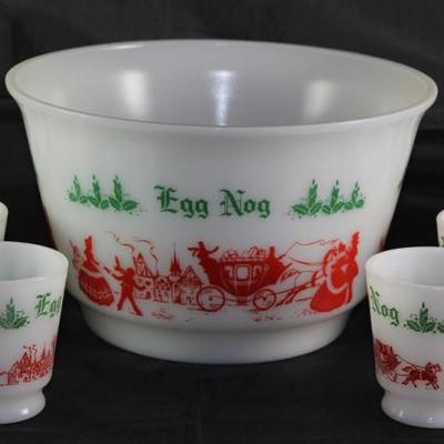 Hazel Atlas Milk Glass "Egg Nog" Set:  Bowl w/6 Cups 