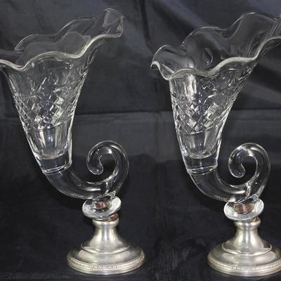 Pair Antique Sterling Base Cut Crystal Cornucopia Epergne Vases (11.5")