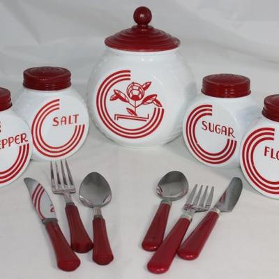 Fire King "Vitrock"  1940's Red and White Range Set: Grease Jar/Canister, Flour, Sugar, Salt & Pepper Shaker Set shown...
