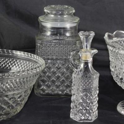 Anchor Hocking "Wexford" 9" Salad Bowl, 9 1/4" Canister, Cruet and Center Piece Bowl (1962-1998)