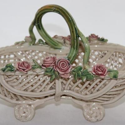 Small Italian Porcelain Footed Basket with Applied Roses