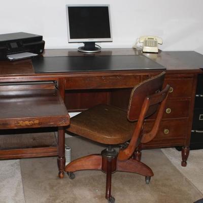Vintage Mahogany Desk shown with Antique Swivel Office Chair and 2-Drawer Metal File Cabinet