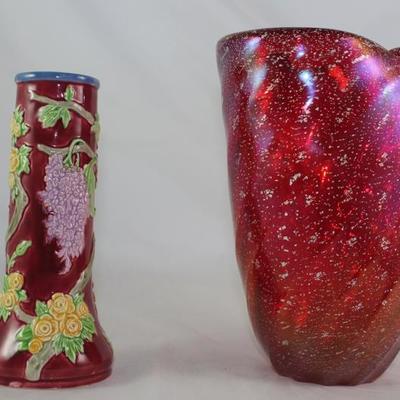 Mica Flecks Ruby Red Murano Style Art Glass Vase (8.25"H)