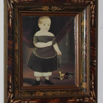Antique Incised Carved Antique Frame with Folk Art Print of Boy with Fishing Pole and Pull Toy by American Folk Artist William Matthew...