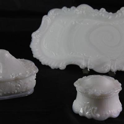 Antique Victorian Milk Glass Small Vanity Tray, Hairpin Box and Sachet/Trinket Box