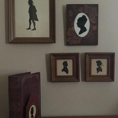 Group of Hand Cut Silhouettes: Full body Man,  Lady in Pyrography Wood Frame and a Pair Signed LSZ
