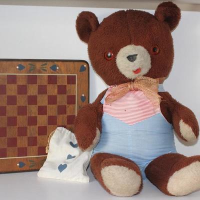 A Beary Vintage Bear show with a Cottage Craft Wooden Checker Set