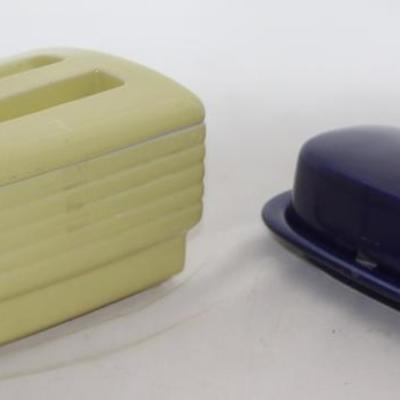 Hall China for Westinghouse 1950's Mid-Century Yellow Refrigerator Bowl w/Lid and McCoy Cobalt Blue Glaze 1/4lb. Butter Dish