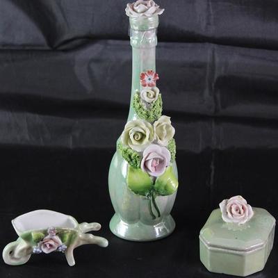 Germany Green Lustre Ware with Applied Roses: Miniature Wheelbarrow, Cologne Bottle and Small Trinket Box
