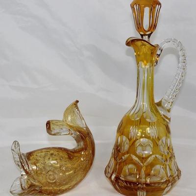 Italian Controlled Bubble Blown Art Glass Open Mouth Fish and Yellow Cut to Clear Crystal Ewer Decanter