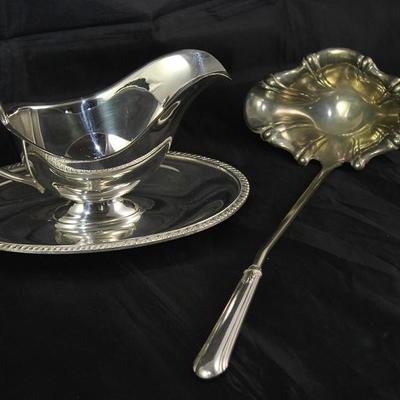 Rogers/Avon "Evandale" Silverplate Gravy Boat with Attached Underplate and Vintage Sterling Hollow Handle Punch Ladle