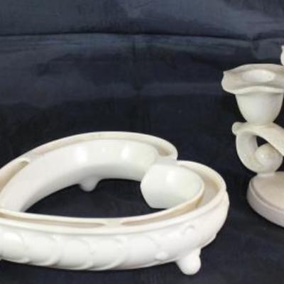 Various White Mid-Century Pottery: Triangle "U" Shapes 6-Slot Bud Vase, Heart Shaped Pansy/Violet Vase and a Pair of Scroll...