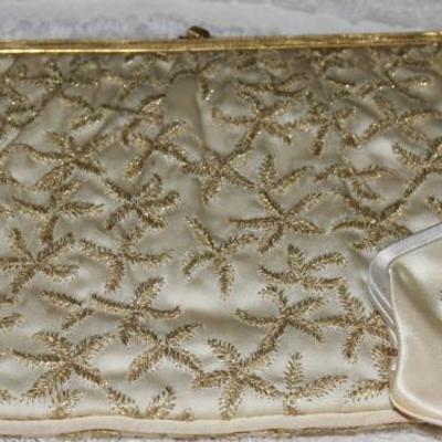 Vintage Julius Garfinckel Embroidered Satin Evening Bag with Signature attached Coin Purse