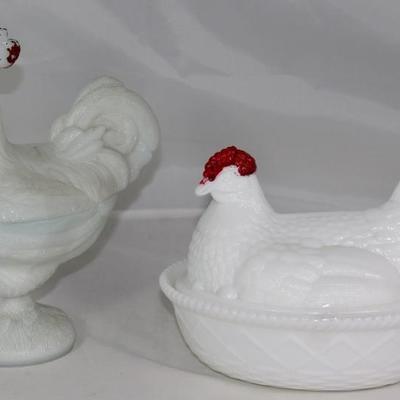 Vintage Milk Glass Leghorn Rooster Covered Dish (9"H x 7"W) and Hen on Nest Dish (6.5"H x 8"W)