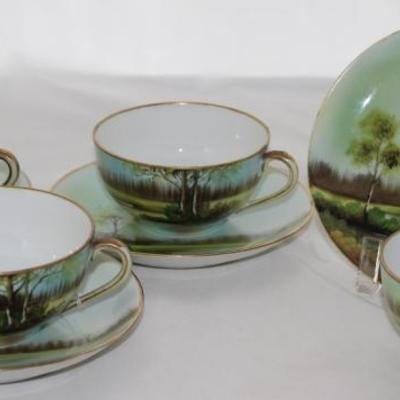 Nippon Moriage Bros. Hand Painted Porcelain Cup and Saucer Set (4 sets) 
