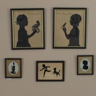A great Collection of Handcut Silhouettes:  Top Center "Henrietta & Sir Thomas Nevill with Birds", Twin Brothers signed...