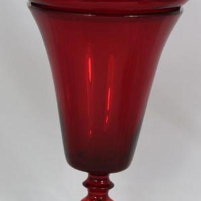 Red Art Glass Compote with Controlled Bubble Finial and Ball Stem (16.5