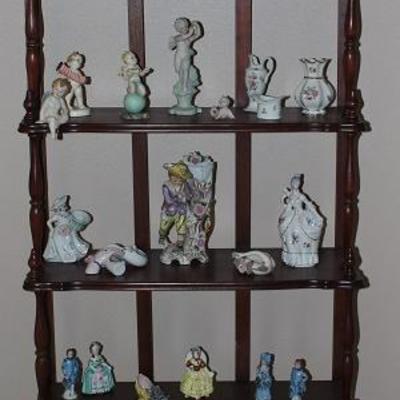 Vintage Turned Spindle 5-Shelf Whatnot Cabinet shown with numerous Vintage Porcelain Figurines, Etc.